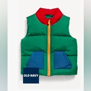 Old Navy Baby Green Color Block Puffer Vest with Red and Blue Accents